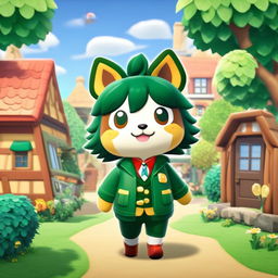 Midoriya from My Hero Academia in an Animal Crossing style, dressed in his hero costume amidst a charming village.