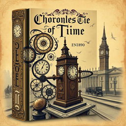 A book jacket design themed around time travel, inspired by the year 1890