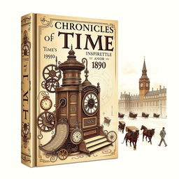 A book jacket design themed around time travel, inspired by the year 1890