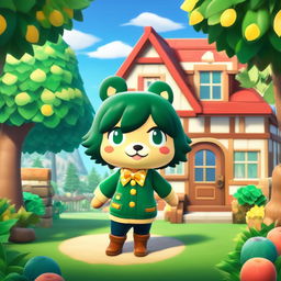 Midoriya from My Hero Academia in an Animal Crossing style, dressed in his hero costume amidst a charming village.