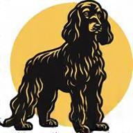 A logo design featuring a stylized Golden Cocker Spaniel dog, elegantly illustrated in black against a bright yellow circular background