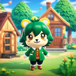 Midoriya from My Hero Academia in an Animal Crossing style, dressed in his hero costume amidst a charming village.