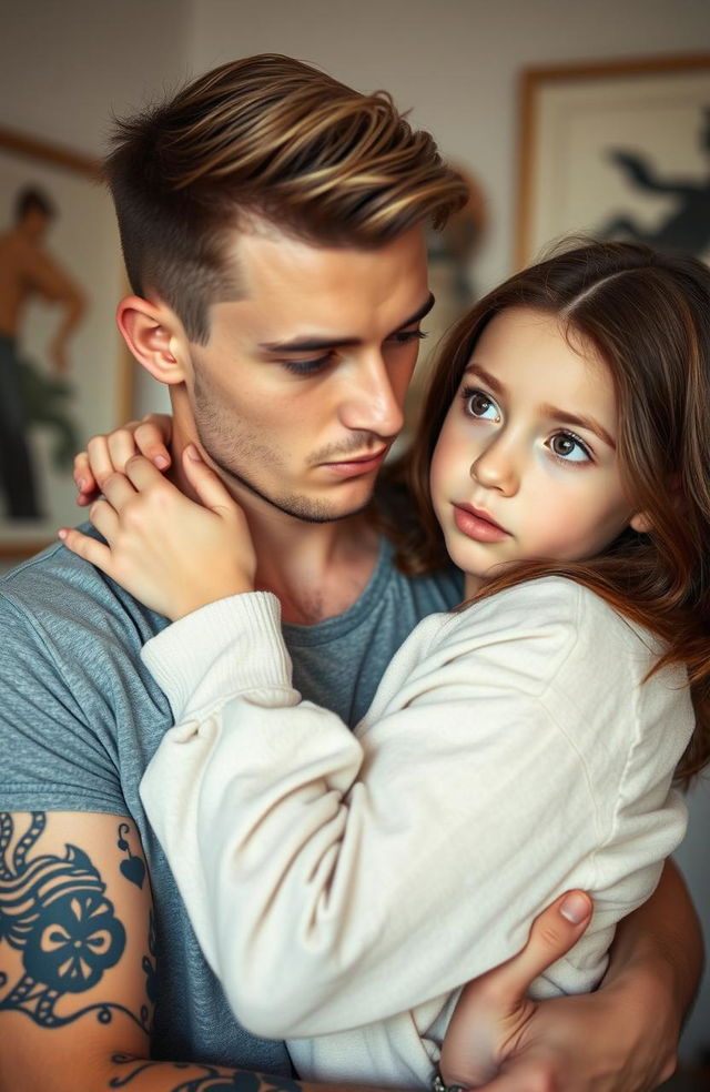 A young man with light brown hair and brown eyes, adorned with tattoos on his arms and a small beard, is holding a girl by the neck, who has dark blue eyes and chestnut hair