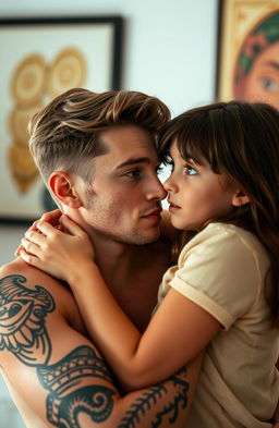 A young man with light brown hair and brown eyes, adorned with tattoos on his arms and a small beard, is holding a girl by the neck, who has dark blue eyes and chestnut hair