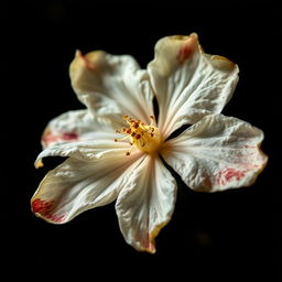 A high-resolution image of a withering jasmine flower, showcasing its delicate petals and intricate details