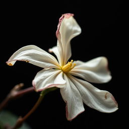 A high-resolution image of a withering jasmine flower, showcasing its delicate petals and intricate details