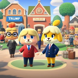 Animal Crossing styled characters of Donald Trump and Joe Biden standing in a bustling town square.