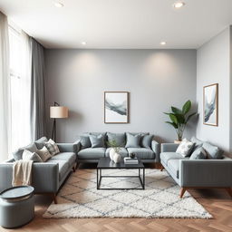 A beautifully redesigned living room featuring grey furniture with a modern and stylish design