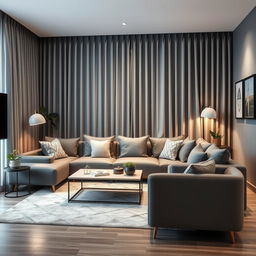 A beautifully redesigned living room featuring grey furniture with a modern and stylish design