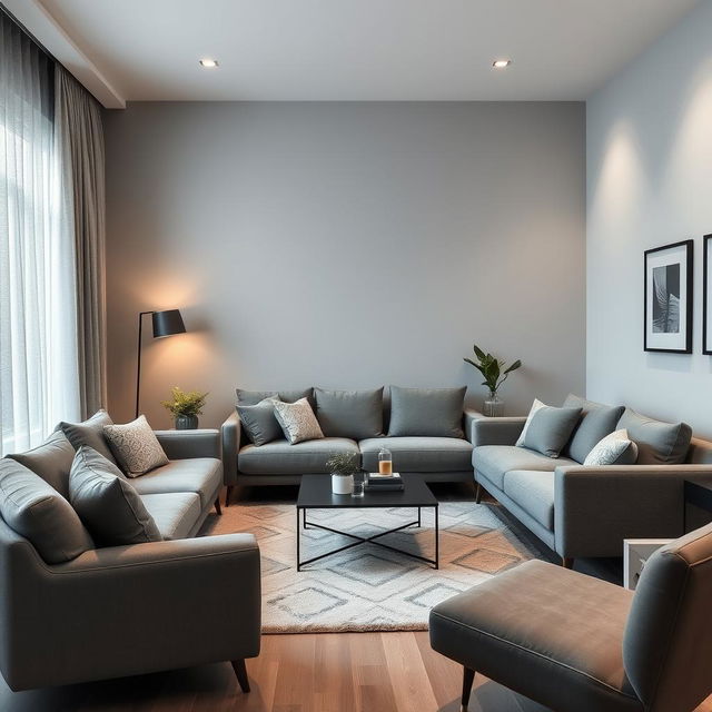 A beautifully redesigned living room featuring grey furniture with a modern and stylish design