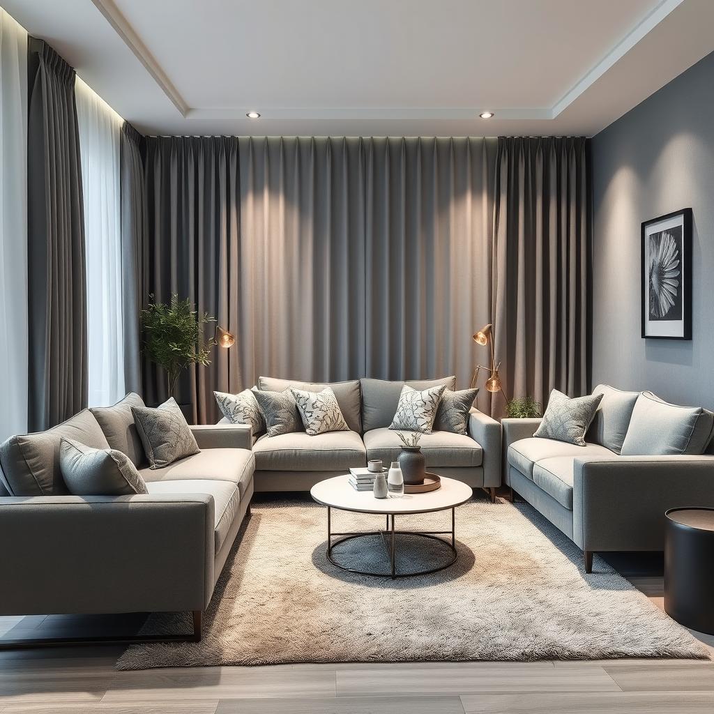 A beautifully redesigned living room featuring grey furniture with a modern and stylish design
