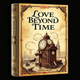 A book jacket design themed around time travel, inspired by the year 1890