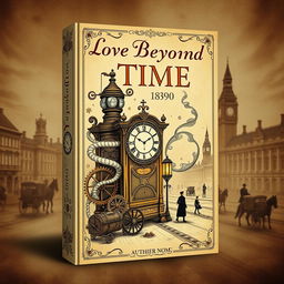 A book jacket design themed around time travel, inspired by the year 1890