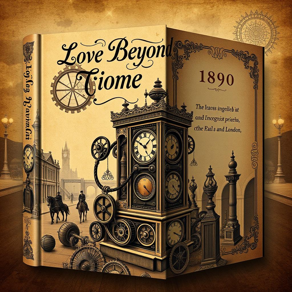 A book jacket design themed around time travel, inspired by the year 1890