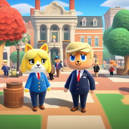 Animal Crossing styled characters of Donald Trump and Joe Biden standing in a bustling town square.