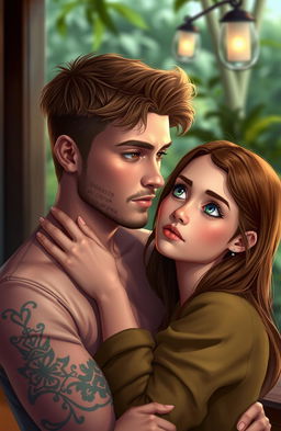 A young man with light brown hair and brown eyes, adorned with tattoos on his arms, sporting a small beard, is holding a girl by the neck