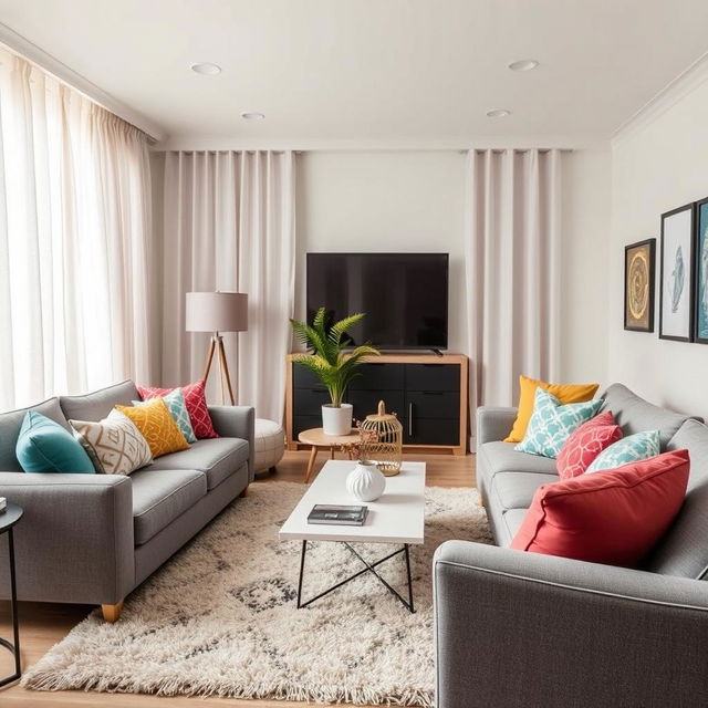 A beautifully designed modern living room featuring gray furniture, complemented by colorful cushions