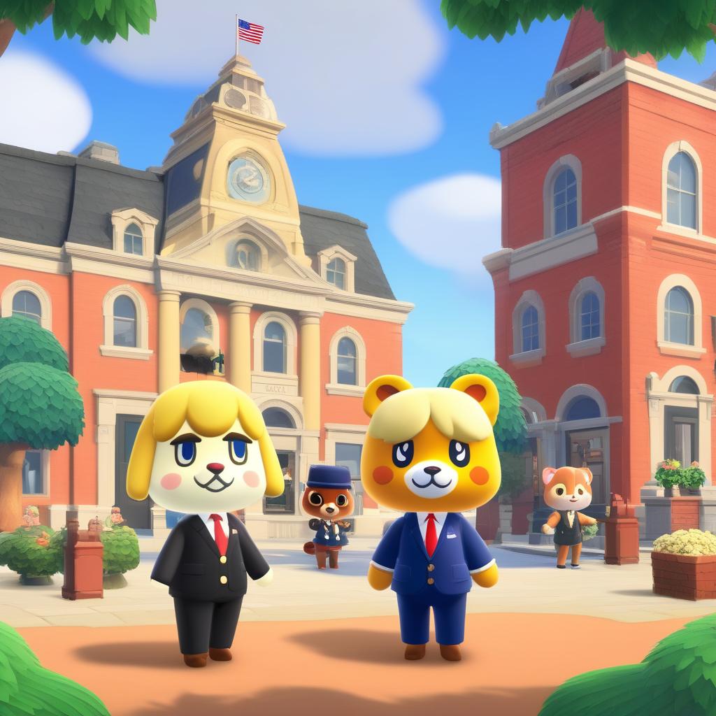 Animal Crossing styled characters of Donald Trump and Joe Biden standing in a bustling town square.