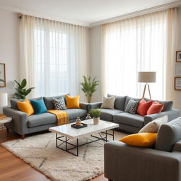 A beautifully designed modern living room featuring gray furniture, complemented by colorful cushions