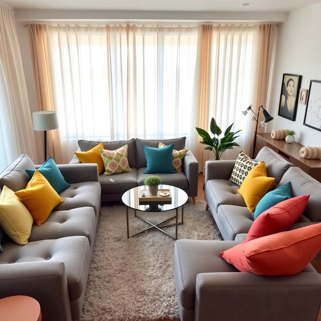 A beautifully designed modern living room featuring gray furniture, complemented by colorful cushions