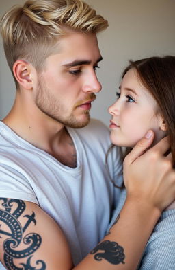 A young man with light blonde hair and brown eyes, adorned with tattoos on his arms and a subtle beard, is gently holding a girl by her neck
