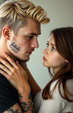 A young man with light blonde hair and brown eyes, adorned with tattoos on his arms and a subtle beard, is gently holding a girl by her neck