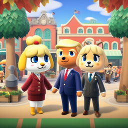 Animal Crossing styled characters of Donald Trump and Joe Biden standing in a bustling town square.