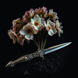 A high-resolution image featuring a cluster of withering flowers, showcasing their fading colors and delicate petals set against a dark background