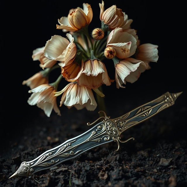 A high-resolution image featuring a cluster of withering flowers, showcasing their fading colors and delicate petals set against a dark background