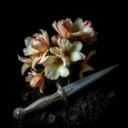 A high-resolution image featuring a cluster of withering flowers, showcasing their fading colors and delicate petals set against a dark background