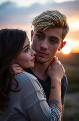 A young man with light blonde hair, brown eyes, and arm tattoos, sporting a small beard, is holding a girl by her neck