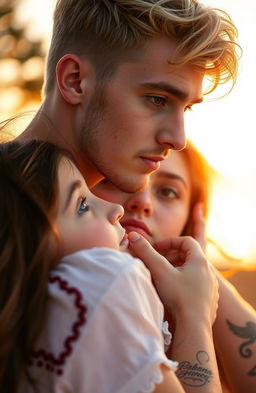 A young man with light blonde hair, brown eyes, and arm tattoos, sporting a small beard, is holding a girl by her neck