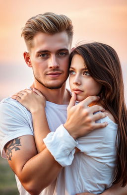 A young man with light blonde hair, brown eyes, and arm tattoos, sporting a small beard, is holding a girl by her neck