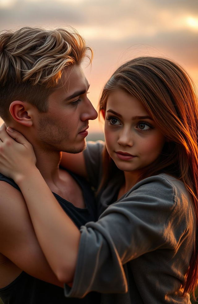 A young man with light blonde hair, brown eyes, and arm tattoos, sporting a small beard, is holding a girl by her neck