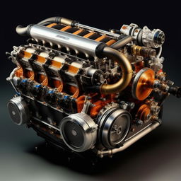 Revise the image of the fastest car engine ever and add a supercharger on top and turbochargers on the sides, enhancing the overall design with a high-performance emphasis.