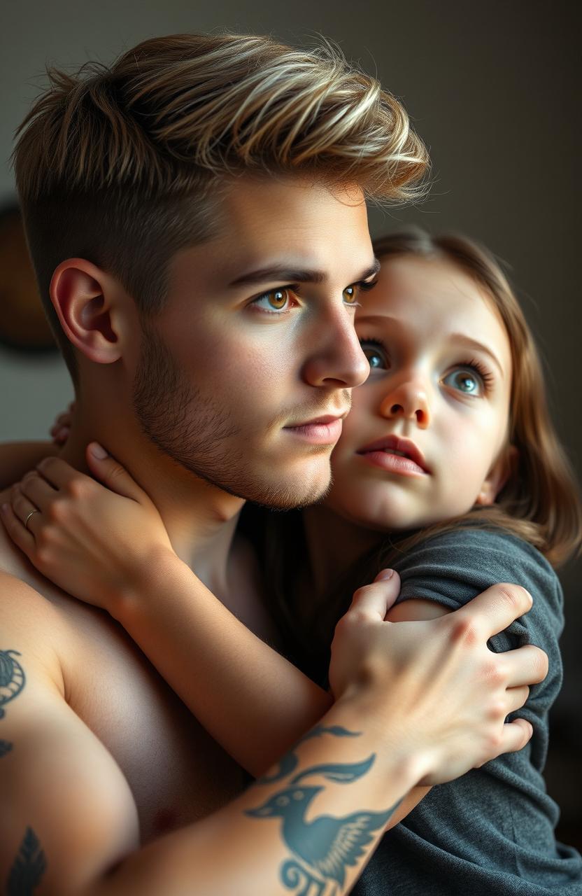 A young man with light blonde hair and brown eyes, adorned with tattoos on his arms and a slight beard, holds a girl with dark blue eyes and chestnut hair around the neck