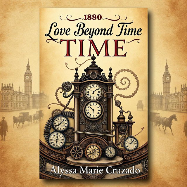 A book jacket design themed around time travel, inspired by the year 1890