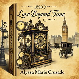 A book jacket design themed around time travel, inspired by the year 1890
