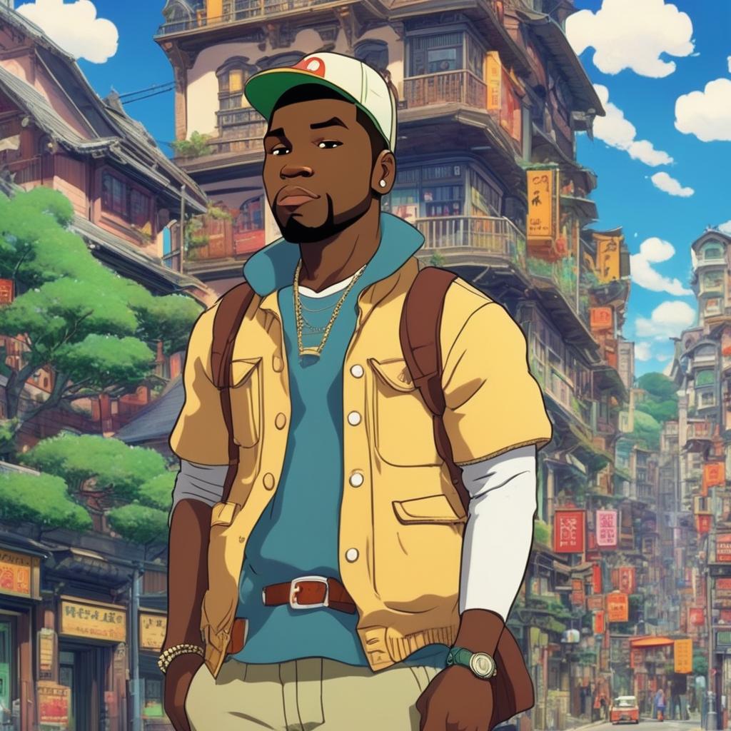 50 Cent as a Studio Ghibli character in a retro 90s anime cityscape.