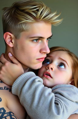 A young man with light blond hair and brown eyes, adorned with tattoos on his arms and a small beard, is holding a girl by the neck