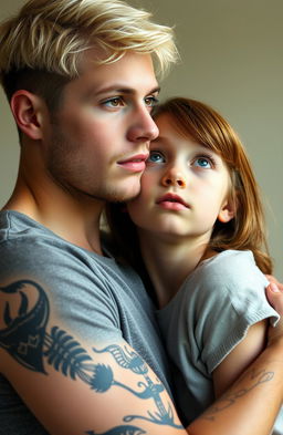 A young man with light blond hair and brown eyes, adorned with tattoos on his arms and a small beard, is holding a girl by the neck