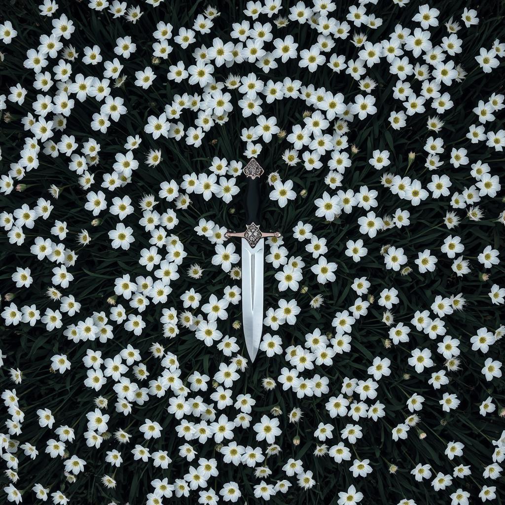 A bird's eye view image featuring a lush expanse of dark green grass scattered with many vibrant white flowers, creating a striking contrast