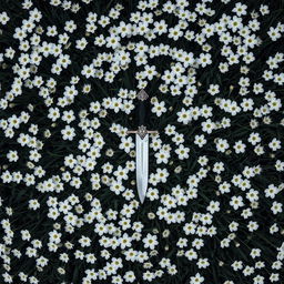 A bird's eye view image featuring a lush expanse of dark green grass scattered with many vibrant white flowers, creating a striking contrast