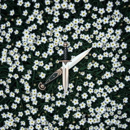 A bird's eye view image featuring a lush expanse of dark green grass scattered with many vibrant white flowers, creating a striking contrast