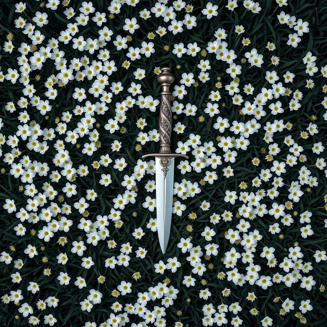 A bird's eye view image featuring a lush expanse of dark green grass scattered with many vibrant white flowers, creating a striking contrast