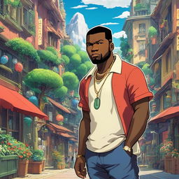 50 Cent as a Studio Ghibli character in a retro 90s anime cityscape.