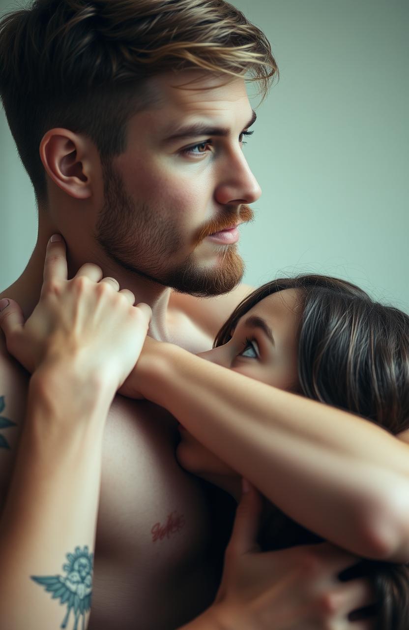 A young man with light brown hair and brown eyes, adorned with tattoos on his arms and a small beard, is holding a girl with dark blue eyes and chestnut hair by the neck