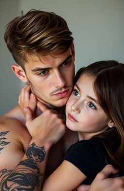 A young man with light brown hair and brown eyes, adorned with tattoos on his arms and a small beard, is holding a girl with dark blue eyes and chestnut hair by the neck