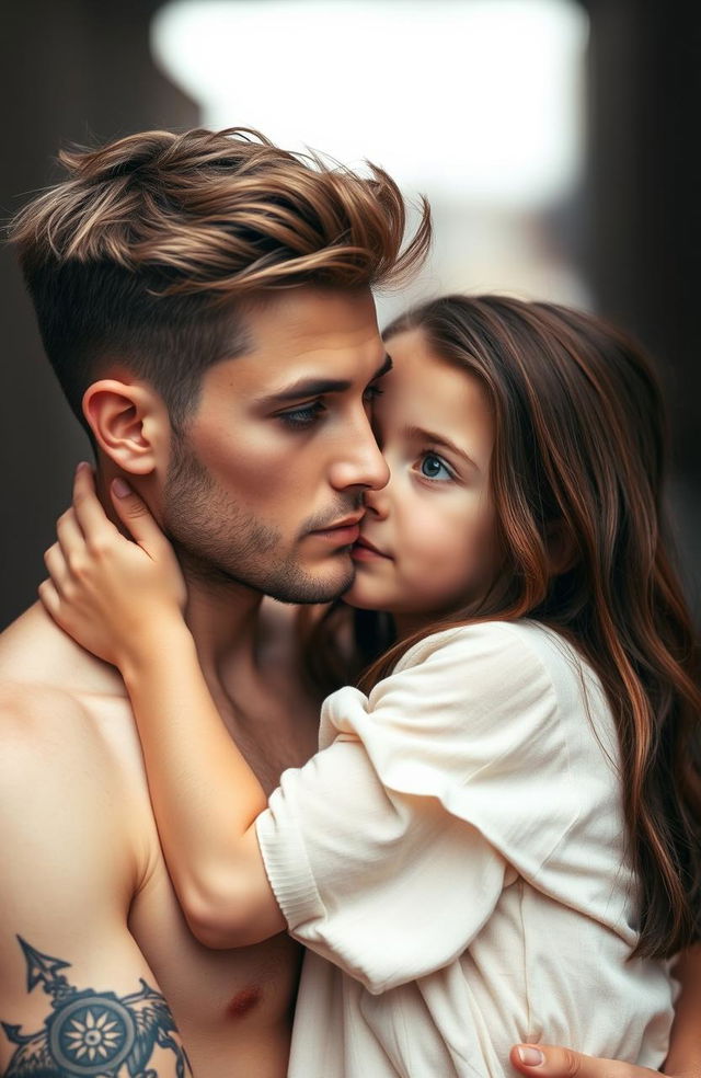 A young man with light brown hair and brown eyes, adorned with tattoos on his arms and a small beard, is holding a girl with dark blue eyes and chestnut hair by the neck