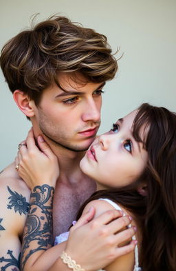 A young man with light brown hair and brown eyes, adorned with tattoos on his arms and a small beard, is holding a girl with dark blue eyes and chestnut hair by the neck